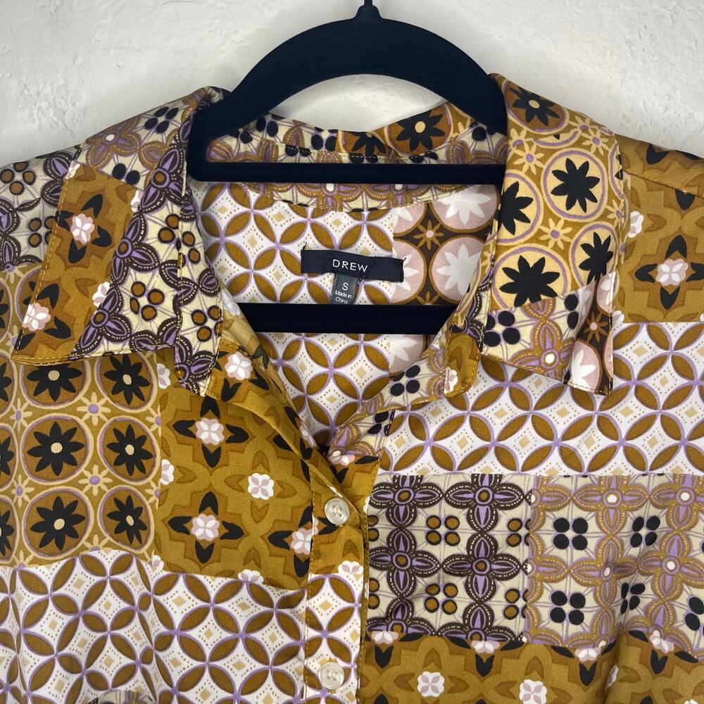 Drew Patchwork Pattern Cropped Long Sleeve Blouse… - image 2